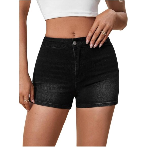 Dark Black Women's High Waist Denim Shorts Straight Leg Roll Up Hem Button Jean - Picture 1 of 5